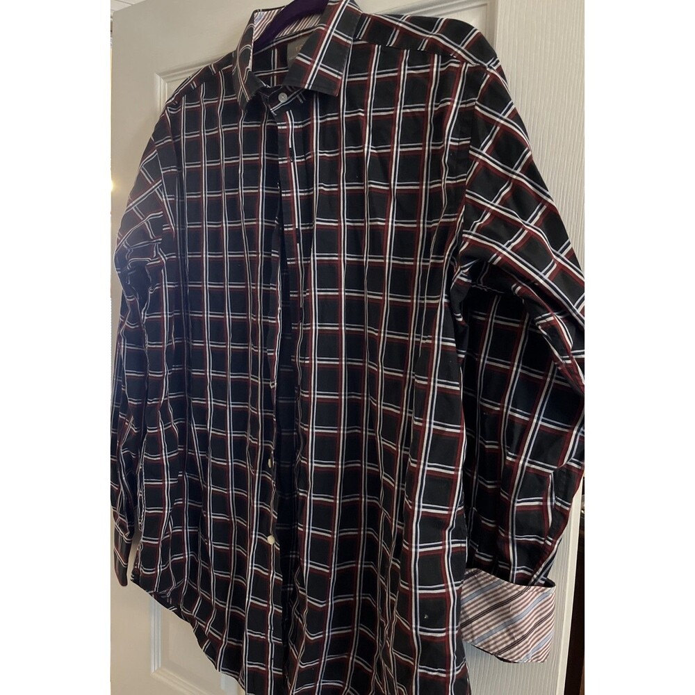 Thomas Dean Designer Preppy Dress Shirt Blue Red Plaid Button Up Cotton Men XL